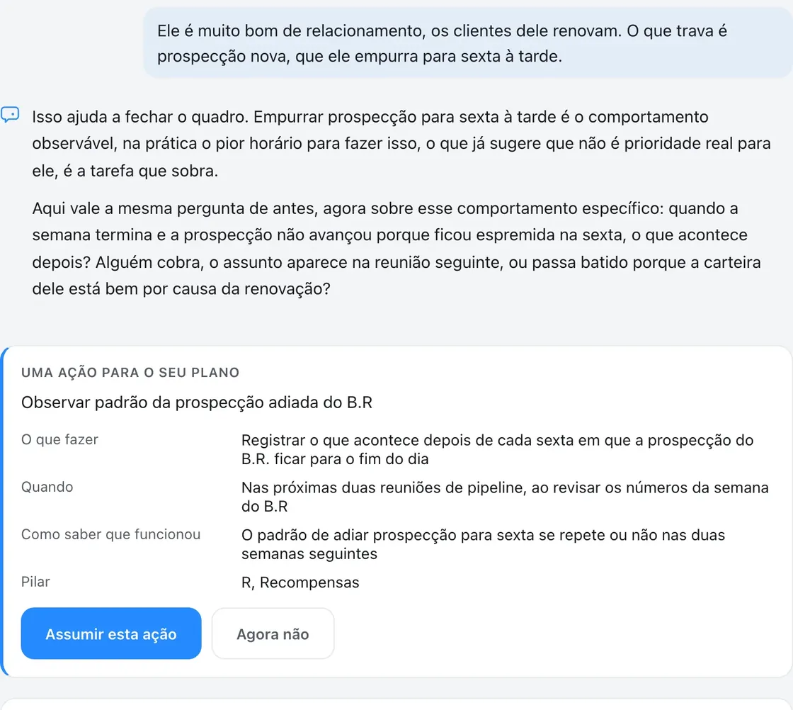 Conversa com o DRIVE Coach sobre um liderado que adia a prospecção, terminando numa ação escrita para o plano.