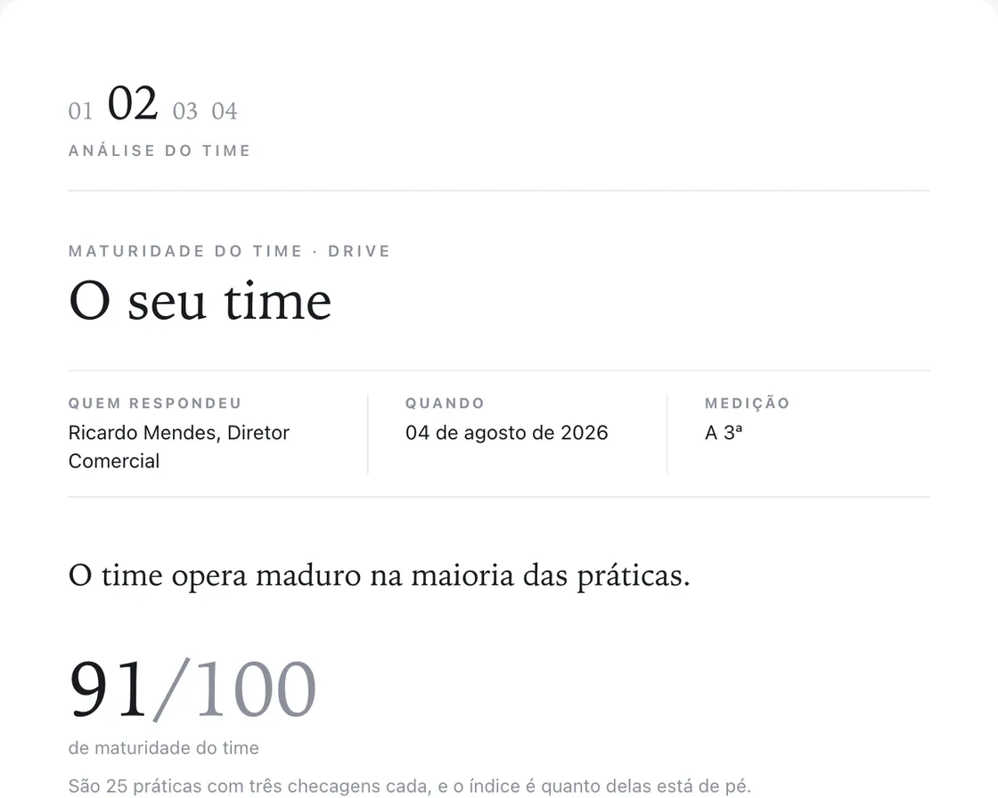 Relatório do retrato do time, com as práticas de liderança avaliadas uma a uma.