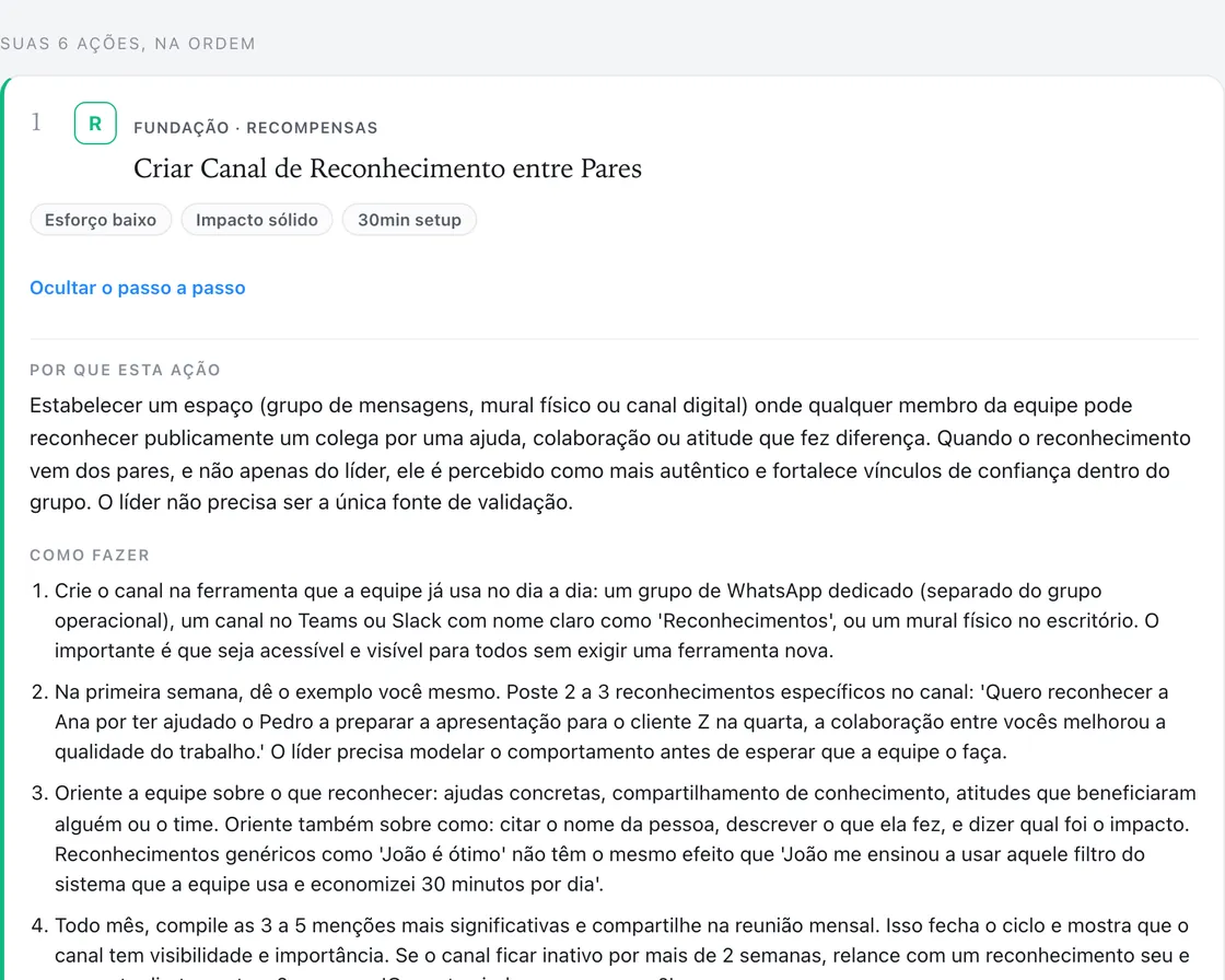 Uma ação do plano, com o pilar, o esforço, o impacto, o tempo, o porquê científico e o passo a passo.